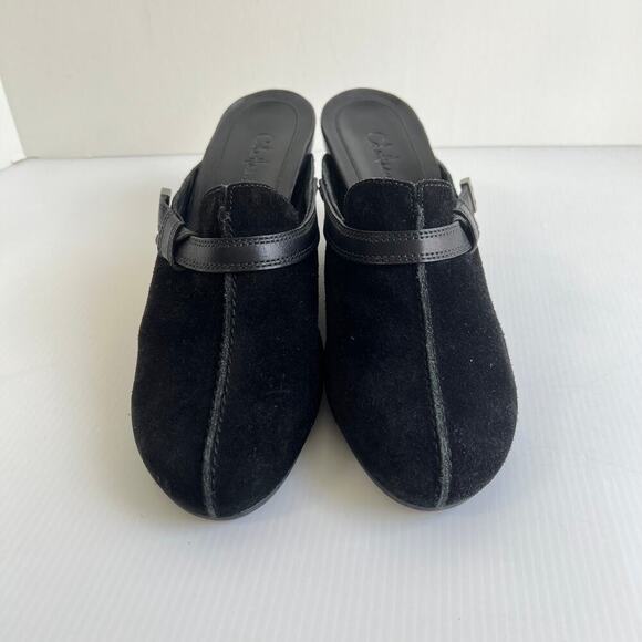 Cole Haan Black Suede Stitched Leather Mules Clogs Size 9.5 Wedge Hill Slip On - Picture 3 of 11